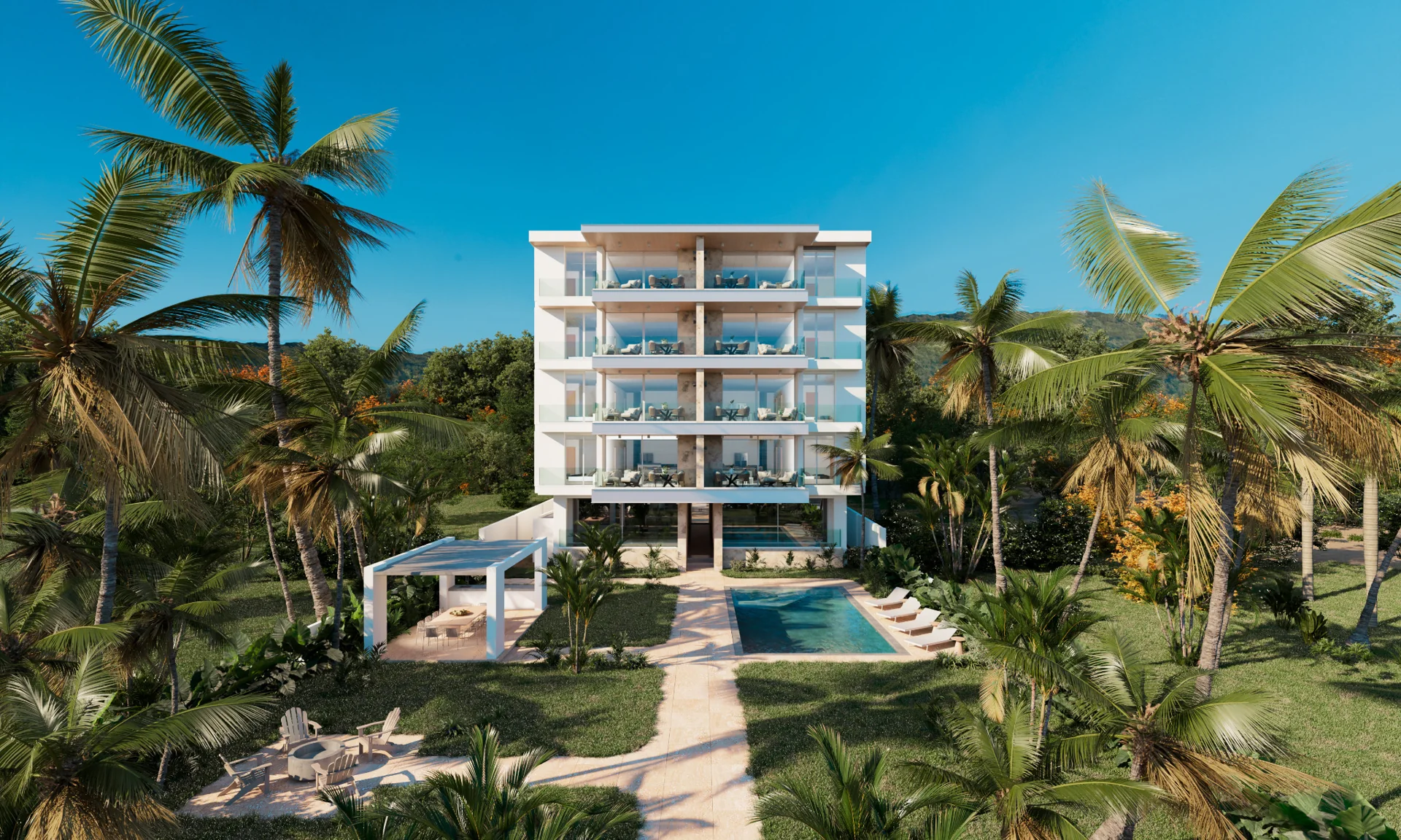 Render de la fachada de Regatta con piscina y jardines en Nuevo Olón